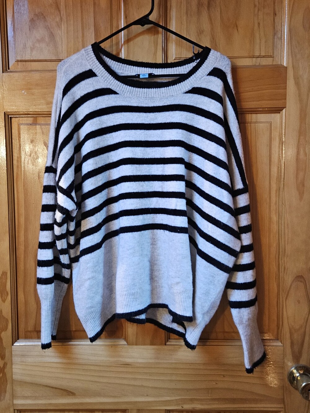 CeCe Black & White Striped Crewneck Sweater
